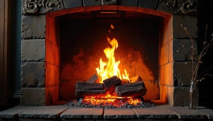 Wall Mural - Cozy fireplace with flickering flames, glowing embers, and decorative wooden mantelpiece, creating a warm and inviting ambiance , relax, interior design, vintage