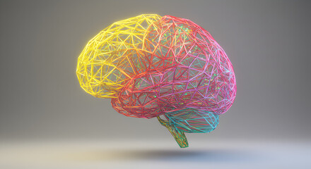 Poster - Abstract Brain Illustration with Neural Network Connections in Vibrant Yellow Red and Cyan on Gray Background