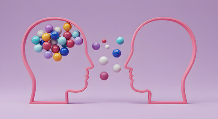 Poster - Abstract Pink Head Outlines with Colorful Spheres Exchanging Ideas on a Lilac Background