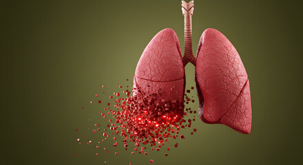 Poster - Abstract Pixelated Lungs Illustration Showing Organ Disintegration Effect on Olive Green Background