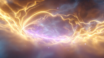 Aufkleber - Ethereal glowing light waves with golden and purple hues create dynamic and magical abstract cosmic scene full of energy and motion