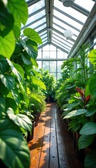 Wall Mural - Lush green plants thrive in a modern, bright greenhouse, sunlight streaming through the glass roof Perfect for gardening, botany, and environmental themes , vegetables, cultivation, agriculture