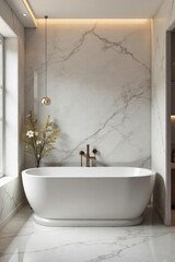 Wall Mural - Luxurious bathroom with freestanding tub, marble accents, and soft lighting creates a serene and beautiful bathing experience Perfect for spa, relaxation, and home decor , modern, wellness