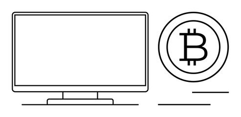 Computer monitor alongside Bitcoin graphic. Ideal for cryptocurrency, blockchain, fintech, online trading, digital economy, investment, global technology. Flat simple metaphor