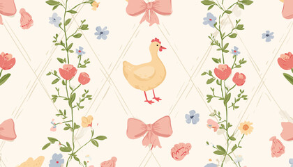 Wall Mural - coquette floral trellis pattern � charming bows, cottagecore animals, and spring blooms for fabric, 