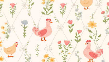 Wall Mural - coquette floral trellis pattern � charming bows, cottagecore animals, and spring blooms for fabric, 