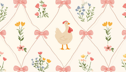 Wall Mural - coquette floral trellis pattern � charming bows, cottagecore animals, and spring blooms for fabric, 