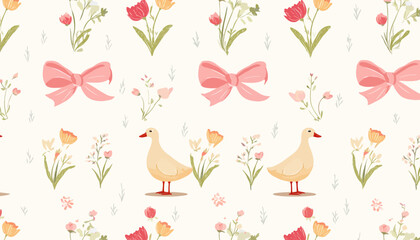 Wall Mural - coquette floral trellis pattern � charming bows, cottagecore animals, and spring blooms for fabric, 