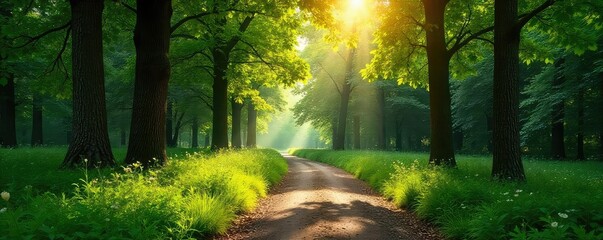 Wall Mural - Sun-dappled path winding through a lush park forest, trees creating a natural canopy overhead Peaceful, serene scene perfect for relaxation and nature appreciation , exploration, natural, plants
