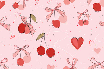 Wall Mural - coquette cherry hearts pattern � hand-drawn bows and girly motifs for wrapping paper and textile