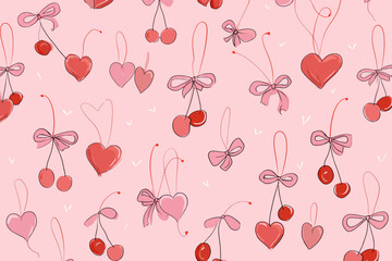 Wall Mural - coquette cherry hearts pattern � hand-drawn bows and girly motifs for wrapping paper and textile