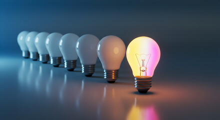Poster - Bright Light Bulb Standing Out in a Row on Blue Gradient Background Symbolizing Innovation