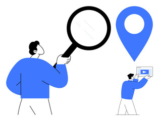 Poster - large magnifying glass and blue geolocation marker with a figure holding a device to search for vide
