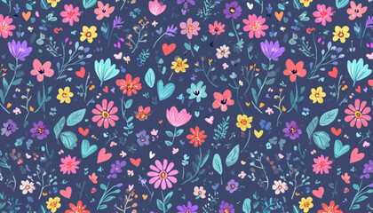 Wall Mural - seamless floral pattern with spring summer flowers and hearts on blue background � romantic fabric a