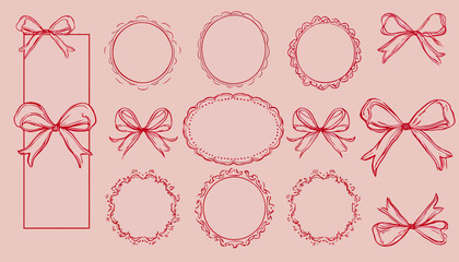 Wall Mural - minimal linear hand-drawn vector illustration � abstract decorative frames with bows and ribbons for