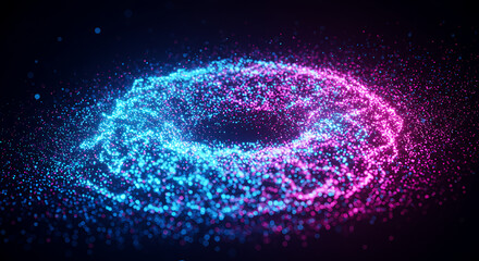 Poster - Abstract Neon Particle Ring Glowing Blue Pink Energy Vortex Digital Art Background