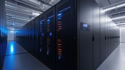 Poster - High security data center interior with rows of illuminated server racks and modern control panel, perfect for cloud systems, cybersecurity, and network technology visuals