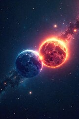 Wall Mural - two celestial bodies, mirror images, shine brightly against a deep night sky, their light intertwine
