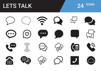 Poster - Lets Talk Communication Icon Set: A comprehensive collection of 24 communication icons, including speech bubbles, phone symbols, and wifi signals.