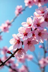 Wall Mural - Vibrant spring blossoms on a blossoming tree branch, bathed in warm sunlight against a clear blue sky Perfect for spring themes, nature imagery, and seasonal advertising , springtime, beautiful