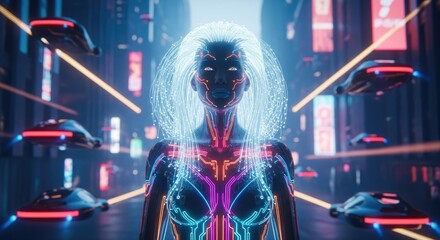 Poster - Futuristic cityscape with a central figure glowing with neon light surrounded by flying vehicles and vibrant city lights reflecting technology and innovation