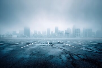 abandoned cityscape under misty gray sky