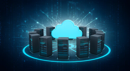 Poster - Cloud Servers Encircling Digital Cloud Data Storage in Dark Blue Binary Code Background