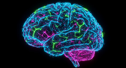 Poster - Abstract Neon Brain Structure Neural Network AI Technology Concept