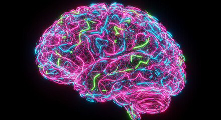 Poster - Neon Brain Abstract 3D Render of Glowing Neural Network Pink Blue Green