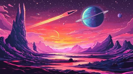 Pixelated landscape in a side view for a video game.