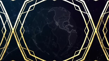 Poster - Thin gold ring drawing, thickening into polygon while dotted globe rotating to visualize network