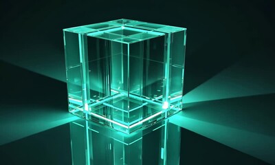 Wall Mural - transparent glowing cube with light rays emanating from edges in a dark background