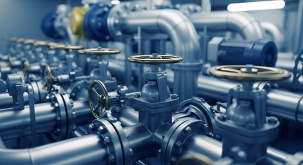 Industrial water pipe network featuring valved pipes and pumps for city sewer and water supply system concept.