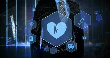 Poster - Business executive raising hand animating heart pulse hologram for health data analysis