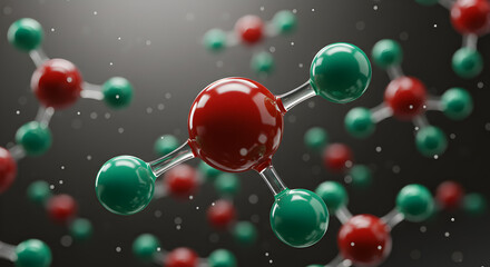 Poster - Detailed 3D Molecular Structure with Red and Green Spheres Connected by Thin Rods on a Dark Speckled Background in a Chemical and Modern Design