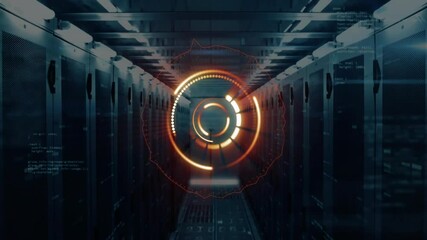 Aufkleber - Data center aisle glowing circular HUD initiating by forming ring pulsing outward for mapping