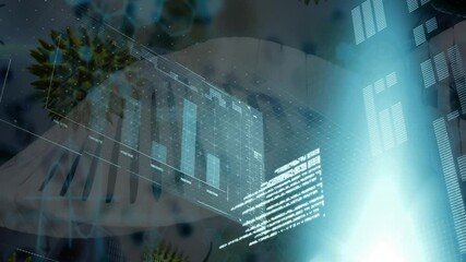 Poster - cyan beam activating holographic panel rotating while generating chart representing DNA virus data