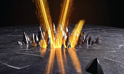 Wall Mural - a dramatic eruption of fiery light from jagged metallic crystals on a dark surface