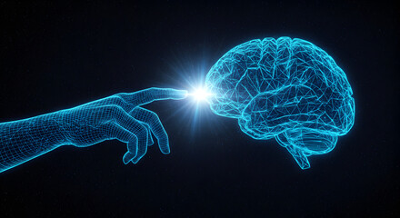 Poster - Digital Art of Glowing Blue Brain Being Touched by Hand Against a Starry Dark Background