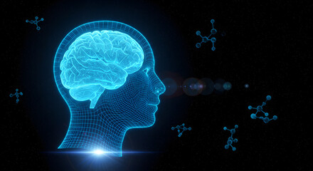 Poster - Digital Blue Brain Side View in Head Silhouette with Molecular Structures and Lens Flare Against Black Background