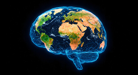 Poster - Digital Brain with Earth Map Overlay Representing Global Connectivity and Artificial Intelligence on Black Background