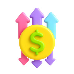 Poster - Vibrant 3D depicting a dollar symbol surrounded by upward-pointing arrows in various bright colors, symbolizing financial growth, investment, and economic success.
