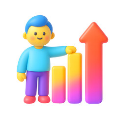 Poster - Positive and encouraging 3D cartoon character standing next to a colorful bar graph depicting financial progress, growth, and business success.