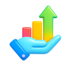 Fototapete - Vibrant 3D depicting financial growth, investment progress, and statistics through a hand holding colorful bar charts and an upward arrow