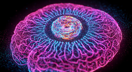 Poster - Abstract Neon Brain Neural Network Pink Blue and Orange Glowing Particle Connections