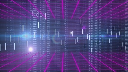 Poster - On lens flare emerging pink grid and white candlestick chart pulsing toward center visualizing data