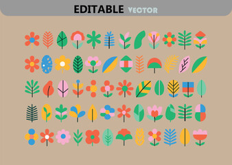 Poster - Colorful Geometric Flower and Leaf Pattern Vector Illustration Featuring a Variety of Abstract Floral and Foliage Designs on a Neutral Background