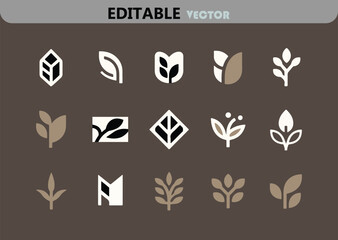 Poster - Collection of Minimalist Leaf and Plant Vector Icons in Two Colors on a Dark Background for Logo Design