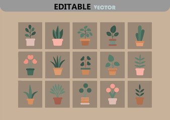 Poster - Collection of Fifteen Potted Plants in a Grid Pattern with a Neutral Color Palette and Simple Modern Design Style