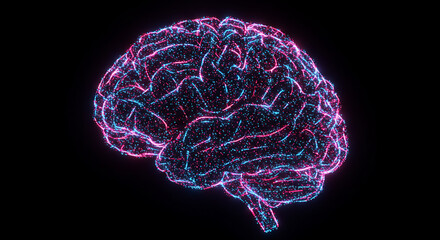 Poster - Abstract Glowing Human Brain Neural Network Pink and Blue Particle Effect Science Technology Concept